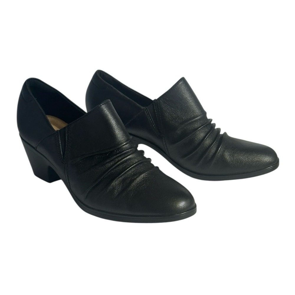 Clarks Collection Black Leather Ruched Slip-On Booties 9.5M Comfort Heels Shoes